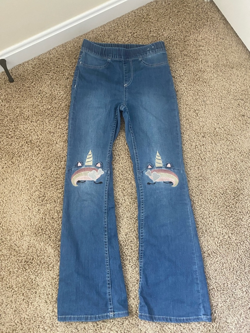 H&M girls unicorn 🦄 pull on elastic waist band bell bottom Jeans size 10
